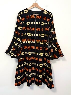 Ray Darten Black Orange African Print Zip Front Dress Size XL Cotton Bell Sleeve